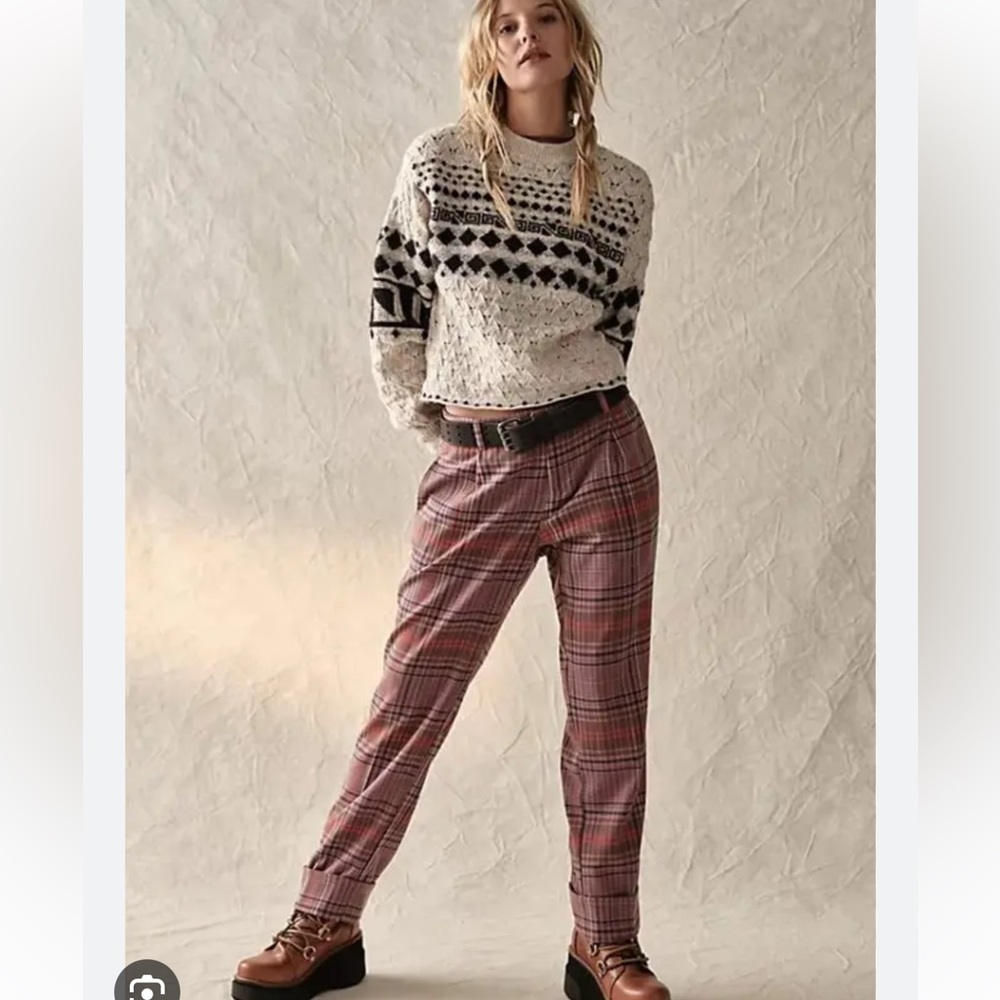 Free People Pink Plaid All For Me Slim Pants
